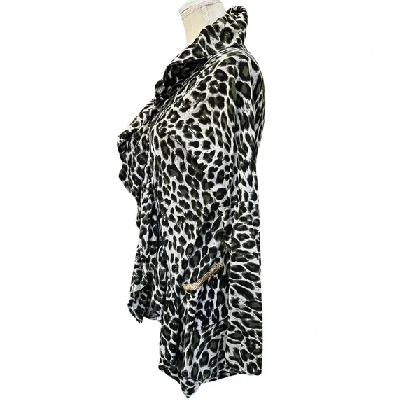 INC Green Leopard Print Open Front Cardigan with Ruffle Collar & Gold Chainmail - Picture 3 of 9